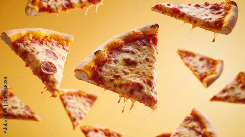 Poster large slices of pizza soar diagonally against a bright yellow background, creating a lively and appe