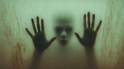 Ethereal Mystery Enigmatic Figure Behind Frosted Glass, Surreal Horror Concept for Dark Fantasy Art - Closeup Silhouette in Muted Green Palette