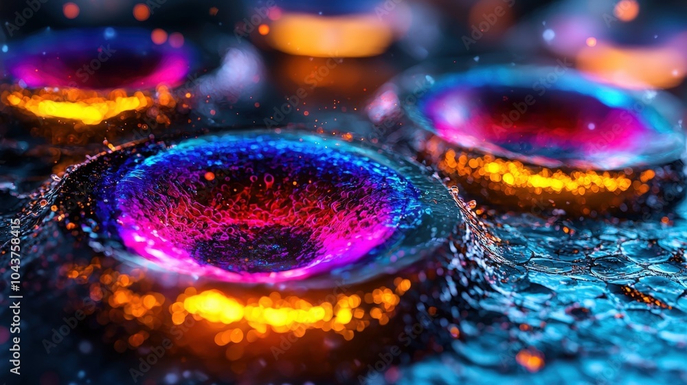 Poster abstract macro of vibrant cells with neon rings and bokeh effect