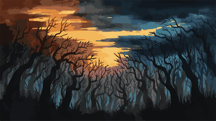 Fototapeta premium Sunset Forest Landscape – Digital Painting of Nature with Trees, Sky, and Silhouettes