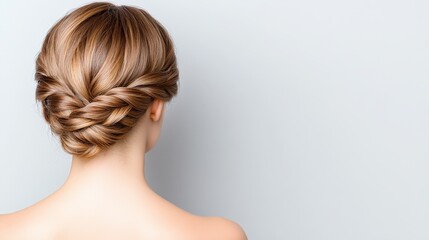 Fototapeta premium Elegant updo hairstyle on woman with blonde highlights against light background