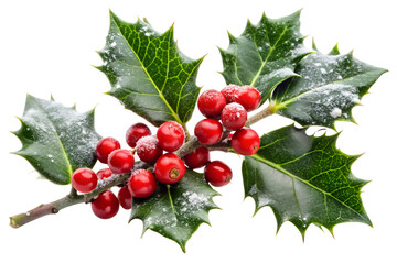 Beautiful and Lush Winter Holly Branch with Bright Red Berries Set Against a Crisp White Background for Seasonal and Holiday-themed Designs