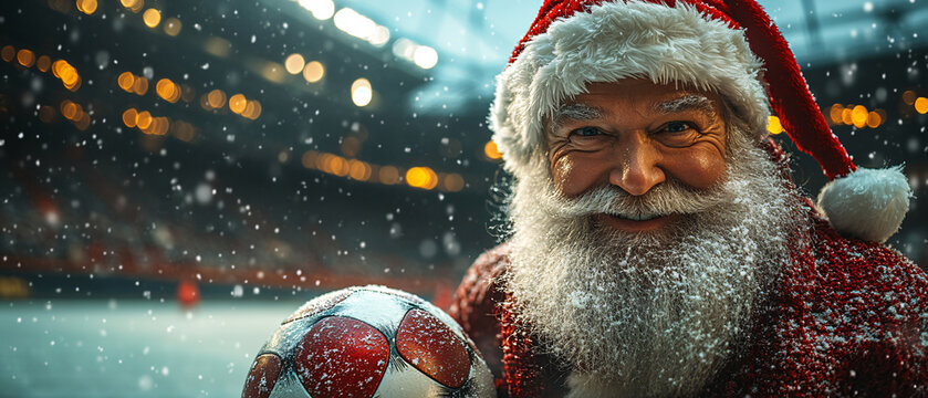 Santa Claus Holding a Soccer Ball in the Snow