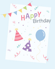 A children's birthday card. With party hats and a balloon Vector illustration template