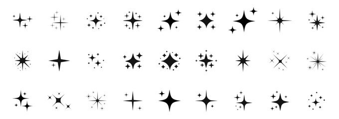 shine or sparkle vector set, glowing, stars sparkle, bright, shine, glittery, twinkle, sparkle star icons, icon, vector, design, sky, isolated, art, illustration, birthday, light, stars, black