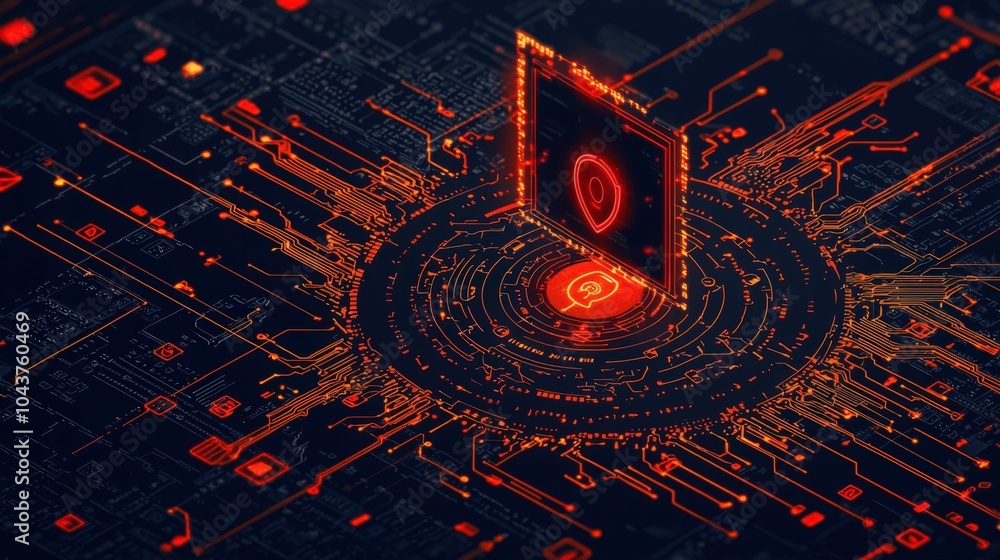 Poster futuristic digital interface with red circuitry and location icon