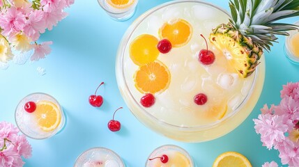 Refreshing tropical punch with pineapple and citrus slices on a bright summer day