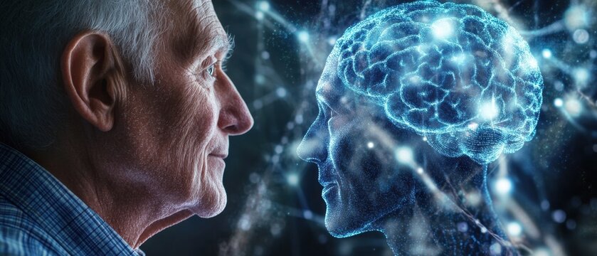 Senior citizen attending virtual AI workshop, modern tech gadgets surrounding a lively computer interface, eager to understand