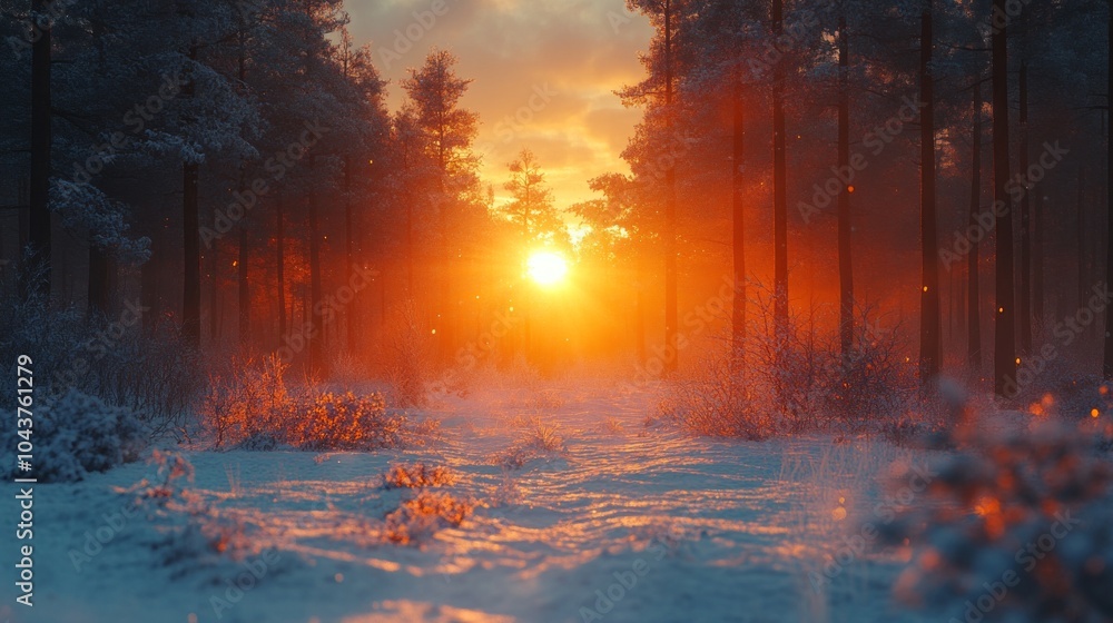 Poster a sun is setting in a forest with snow on the ground