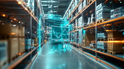 Futuristic warehouse with holographic data visualization, high-tech global online delivery platform concept.
