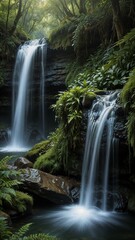 Obraz premium Serene double waterfall cascading down moss-covered rocks in a lush, green forest, flowing peacefully, creating a tranquil and mystical atmosphere.