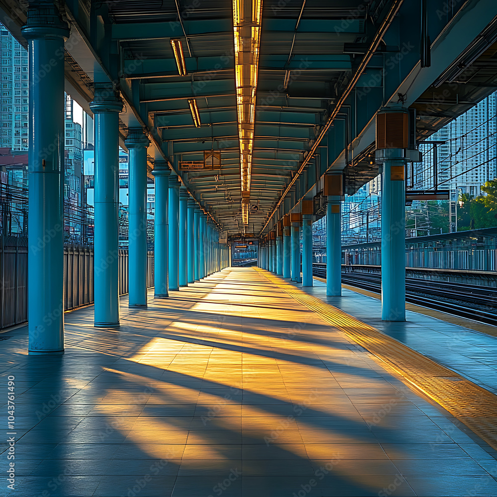 Poster sunlight shines on an empty platform, creating serene atmosphere with long shadows cast by pillars. 