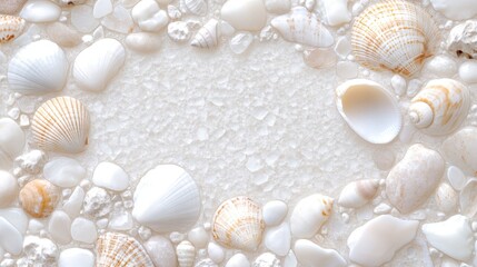 Obraz premium Natural sea shells and pebbles border on sandy background