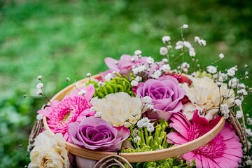 Composition featuring a purple rose and Gypsofala with blurry green background