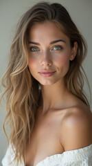 Naklejka premium Beautiful Female Model Showcasing Natural Beauty and Flawless Skin in Fashion and Beauty Portrait - Perfect for Skincare, Cosmetics, and Lifestyle Advertising