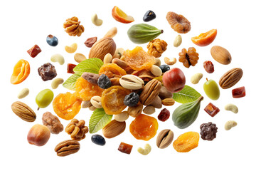Vibrant and Colorful Display of Flying Dry Fruits on a Transparent PNG Background, Perfect for Food Blogs, Recipe Websites, and Health-Related Materials