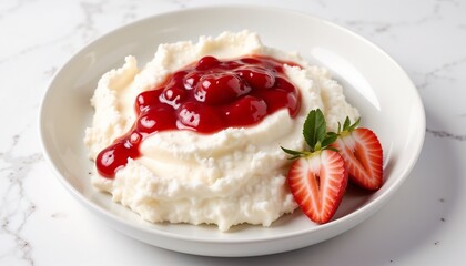 Cottage cheese topped with strawberry jam and fresh strawberries on a white plate