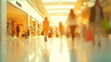 A chic department store background with bright tones and blurred shoppers, emphasizing the upscale ambiance and busy shopping environment.