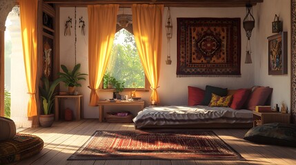 36. A charming living room with a warm floor mat, patterned table cloth, curtains that filter sunlight, and a cozy bed