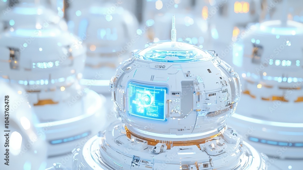 Poster futuristic white robot sphere with holographic interface in a bright technological environment