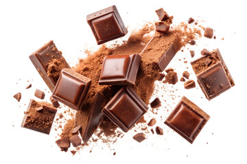 High-Resolution PNG Background Featuring Flying Pieces and Powder of Broken Chocolate Perfect for Culinary and Dessert-Themed Designs, Ads, or Websites