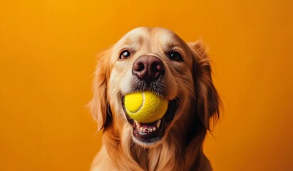A dog is playing with a tennis ball in its mouth, against an orange background. The close-up shot captures a golden retriever holding a yellow tennis ball 