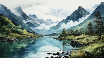 Naklejka premium A tranquil watercolor scene of a lake