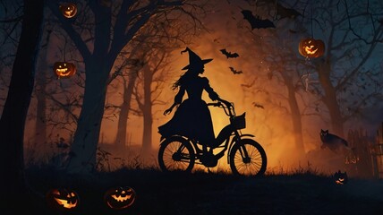 Fototapeta premium A witch riding a bicycle through a haunted forest during Halloween night with bats and glowing pumpkins