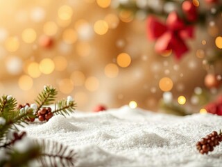 Christmas branches and bows with snow and golden lights

