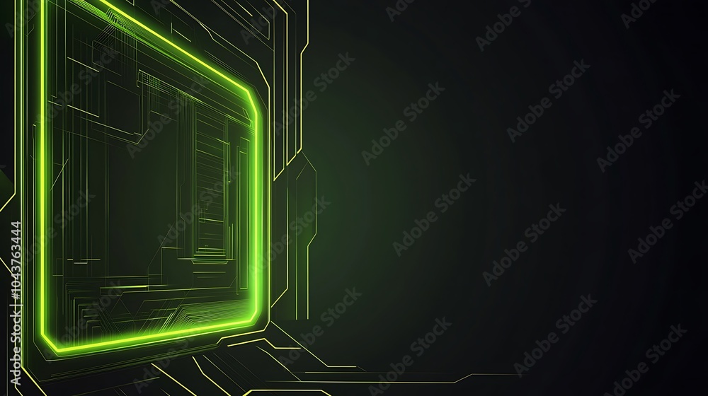 Poster abstract green glowing neon circuit board design with dark background.