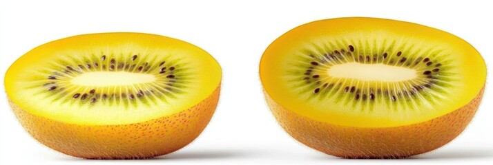 Fototapeta premium Photorealistic kiwi fruit halves, vibrant golden yellow flesh, tiny black seeds, fuzzy brown skin, white background, ultra-detailed, studio lighting, food photography, macro shot, sharp focus, high re