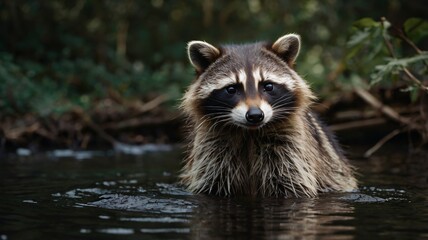 Fototapeta premium A raccoon wades through calm waters in a serene forest setting during early morning light near a wooded area