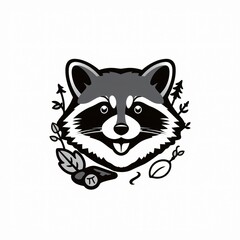 Playful raccoon illustration surrounded by leaves and branches in a whimsical black and white design for nature lovers