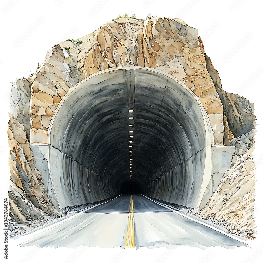 Poster Tunnel Through the Mountains, Watercolor Illustration.