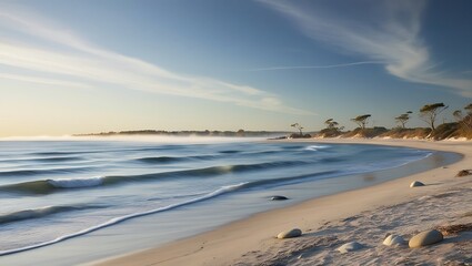 Obraz premium Beautiful sea coast wallpaper featuring calm waters and lush greenery