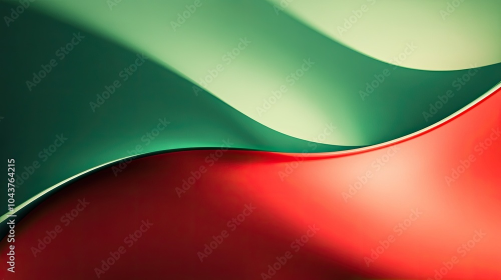 Poster a sleek abstract design in red and green with subtle light and shadow, creating a minimalist yet dyn