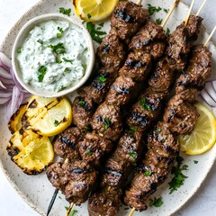 Delectable Grilled Beef Skewers with Creamy Herb Dip on Rustic Serving Plate