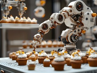 Futuristic Robotic Arm Arranging Delicious Cupcakes on Conveyor Belt
