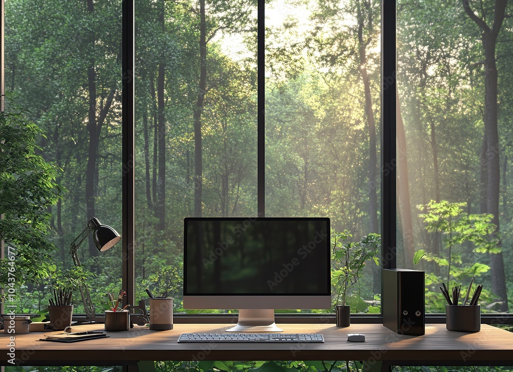 Poster a modern desk with a computer and keyboard overlooking a green forest.