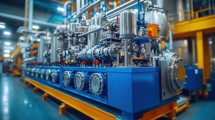 Fototapeta premium A close-up view of a complex industrial machinery with pipes, tanks, valves, and other equipment in a factory setting.