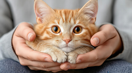 Adorable ginger kitten relaxing in gentle hands: cozy moments with a curious cat
