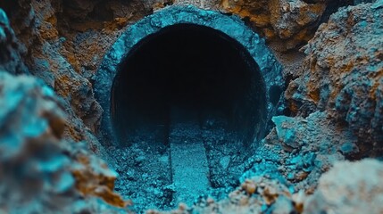 A close-up view of a dark, circular pipe opening in the ground, surrounded by dirt and rocks.