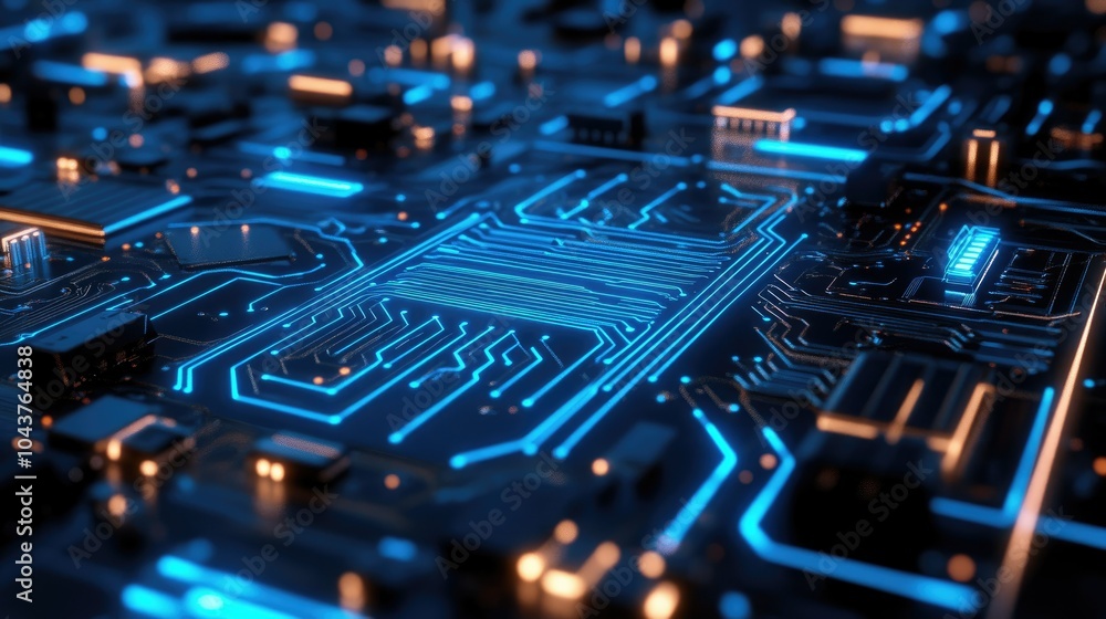 Poster abstract digital circuit board with glowing blue lines and embedded electronic components, symbolizi