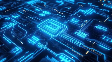 Fototapeta premium AI-inspired circuit board background with vibrant blue lines and electronic elements, reflecting modern technology and digital advancements.