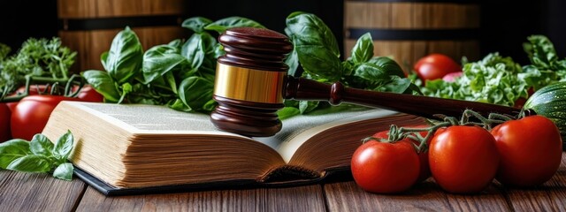 Fototapeta premium Legal gavel, law book, fresh vegetables, healthy eating, food legislation, wooden table, rustic background, nutrition policy, judicial decision, farm-to-table concept, legal scales, organic produce, c