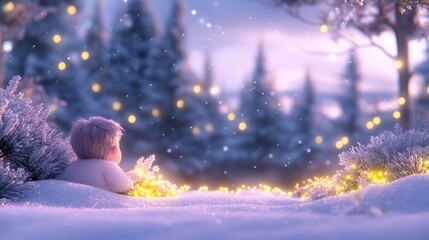 Fototapeta premium Child gazing at festive lights in snowy winter wonderland