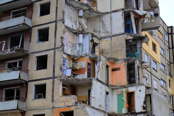 Russian missile strike on apartment building in Dnipro, Ukraine. Rocket destroyed house. Russia war...