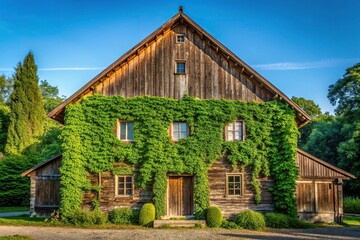 Obraz premium Rustic wooden farmhouse with ivy-covered fence