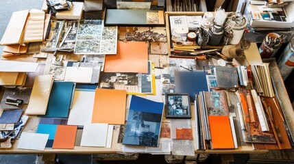 A creative workspace filled with colorful papers, photographs, and art supplies for design projects.