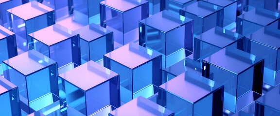 Obraz premium A modern abstract composition of transparent blue cubes arranged in a geometric pattern. The layered design creates depth and movement, perfect for futuristic and contemporary design projects.